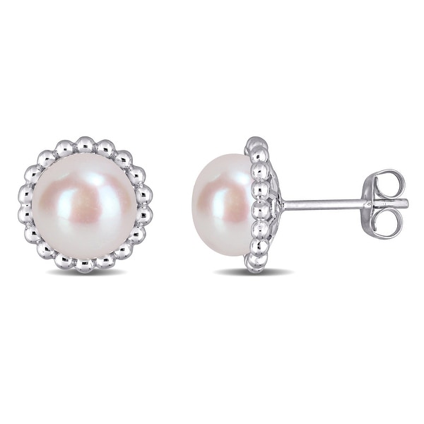 Miadora 10k White Gold Cultured Freshwater Pearl Solitaire Stud Earrings (8-8.5 MM) - 10.8mm x 10.8mm x 10.2mm. Opens flyout.
