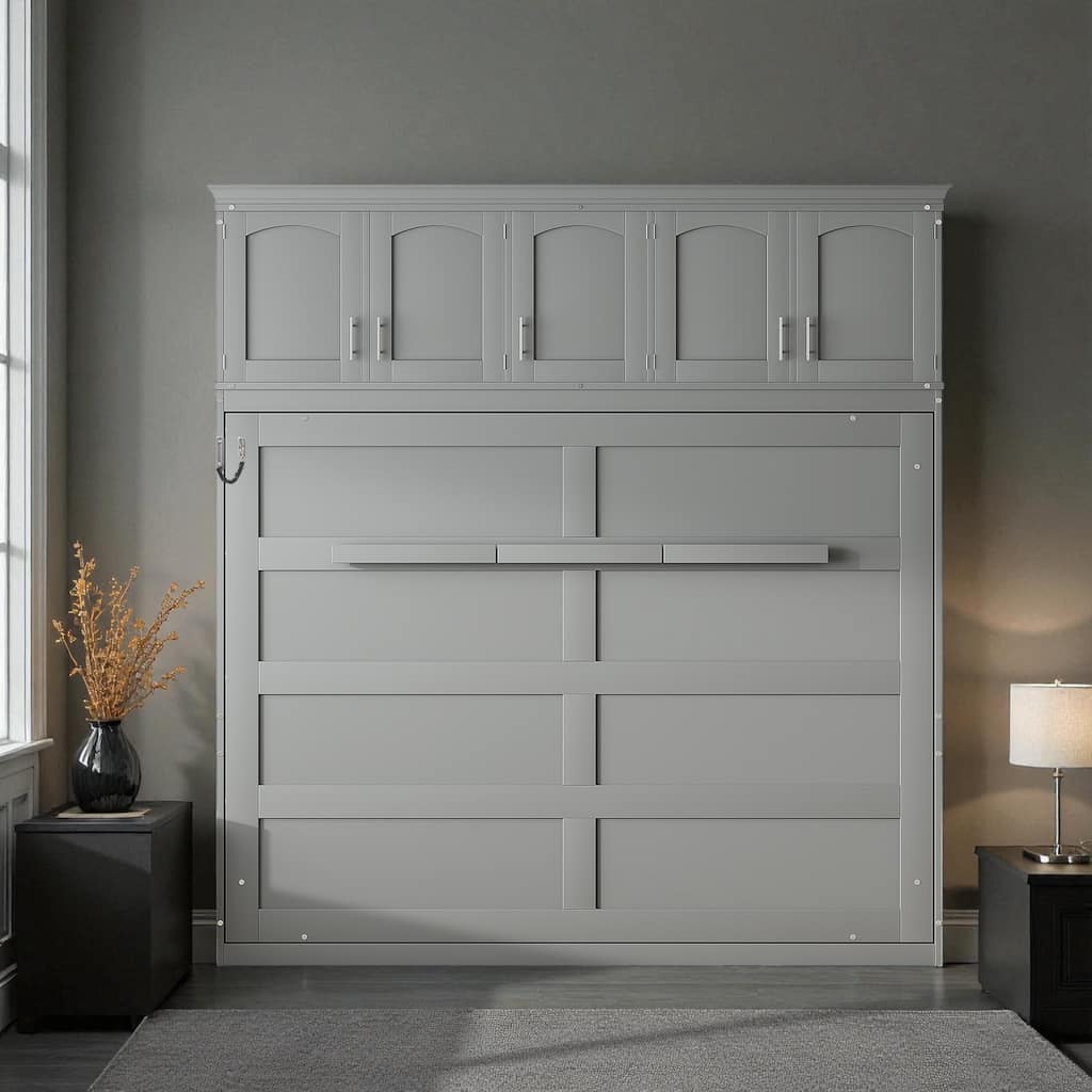 Full Size Murphy Wall Bed with Top Cabinets, Fold-Away Space-Saving Bed with Slat Support, No Box Spring Needed
