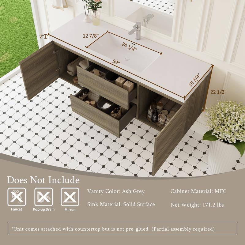 ABRUZZO 60" Floating Bathroom Vanity with Integrated Resin Top Basin 2 Cabinets 2 Soft Close Drawers Full Assembly