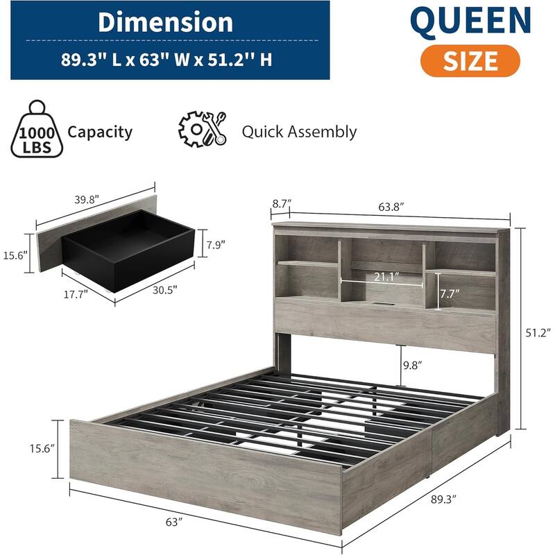 Bed Frame with High Storage Headboard, 4 Drawers, Charging Station & Wood Slats, No Box Spring Needed