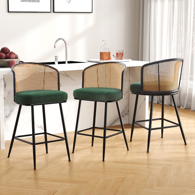 26"/29" Rattan Upholstered Bar Stool /Counter Stools Set of 2/3/4 - Set of 3 - Fabric-Green - Counter Height