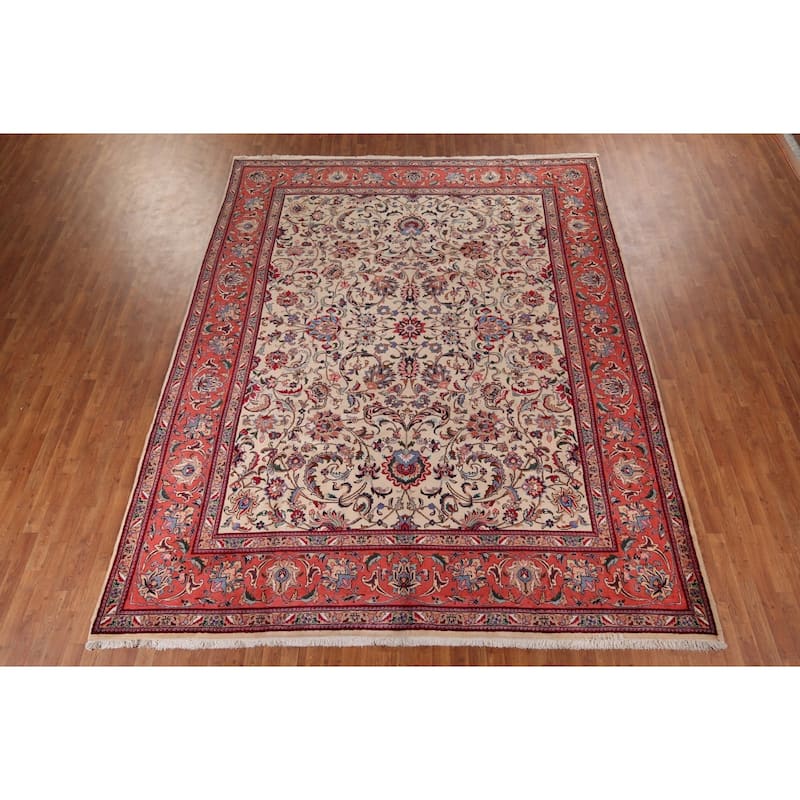 Signed Sarouk Vintage Persian Area Rug Handmade Wool Carpet - 9'10" x 12'6"