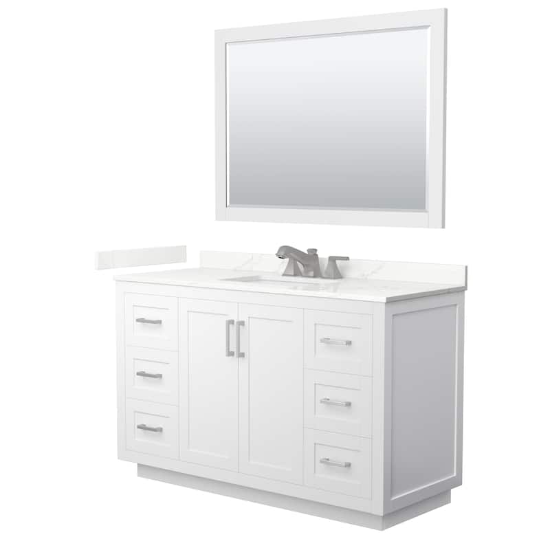 Miranda 54-inch Single Vanity, Quartz Top, 46-inch Mirror - White, Nickel Trim, Giotto Quartz Top