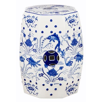 SAFAVIEH Manushe 9 Chinoiserie Blue Koi Ceramic Decorative Garden Stool