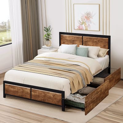 VECELO Upholstered Full/Queen Size Platform Bed Frame with 4 Storage Drawers and Headboard