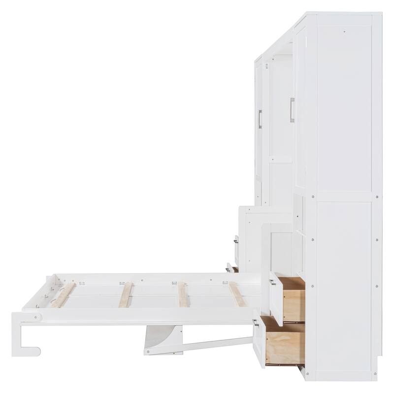 Queen Size Murphy Bed Hidden Wall Bed with Both Sides Closet Drawers and Storage Shelves, Space-Saving Versatile Murphy Bed