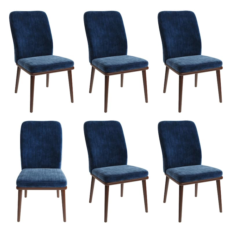 High Back Upholstered Dining Chairs Padded Fabric Kitchen Chairs Solid Wood Legs Restaurant Cafe - Set of 6 - Blue
