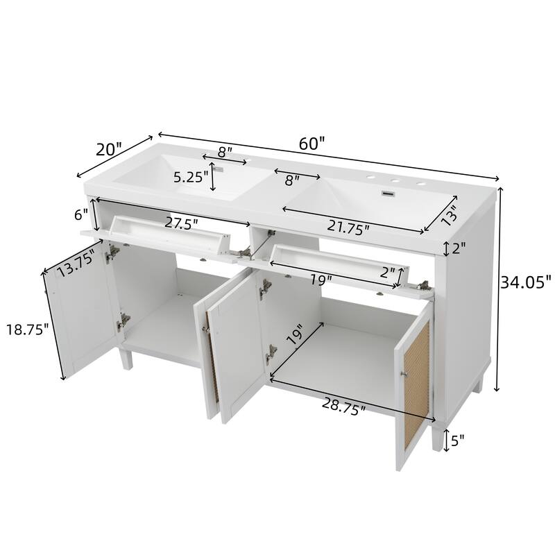 60" Double Sink Bathroom Vanity with SMC Integrated Top, Soft Close Doors, Tip-Out Trays and Rattan Front Cabinets