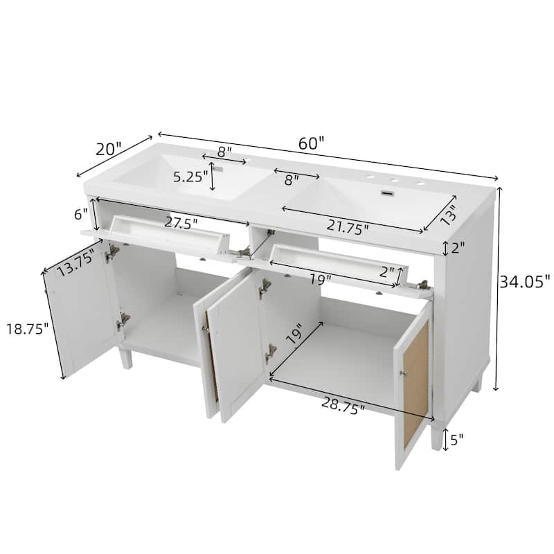 Christopher Knight Home - Bellmere 60" Modern Double Sink Bathroom Vanity with SMC Sink, Soft-Close Storage, and Solid Wood Legs