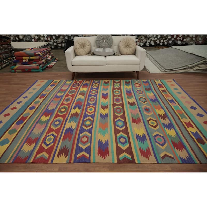 Hand Woven Oriental 100% Wool Carpet Southwestern Tribal Multi-Colored Kilim Area Rug - 9' 8'' X 7' 10''