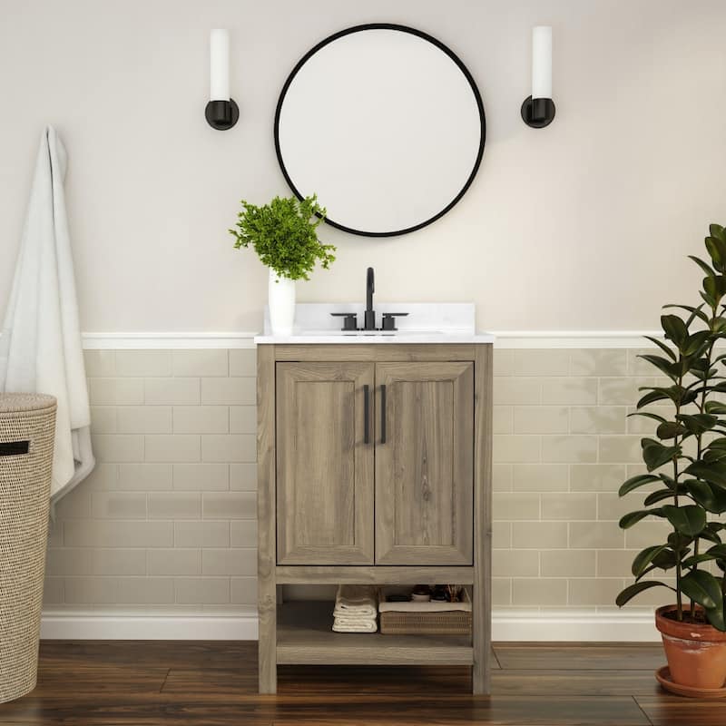 Bathroom Vanity with Undermount Sink and Open Storage Shelf - 24 Inch - Brown Frame/Black Hardware