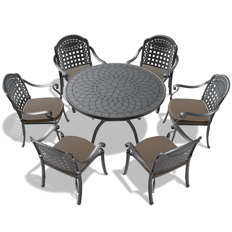 5/7-Piece Cast Aluminum Outdoor Dining Set with 47.24 in. Round Table and Random Color Seat Cushions