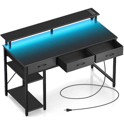 47" Office Desk with Power Outlets & LED Light - Includes 3 Drawers, Storage Shelves & Monitor Stand, Carbon Black