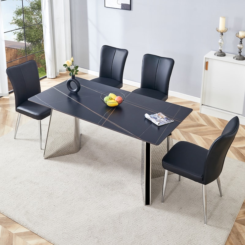 Rectangular Dining Table Set for 4 with PU Chairs, Modern Faux Marble Dining Tabletop, Kitchen Table and Chairs Set for 4