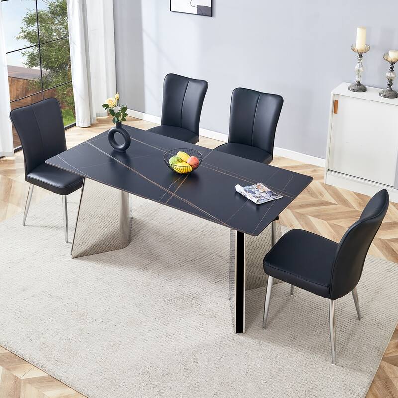 Roomfitters 5pcs Marble Pattern Dining Table Set with Stainless Butterfly Legs and PU Chairs with Stripe Backrest, Black