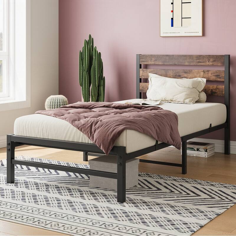 Platform Bed Frame with Wooden Headboard