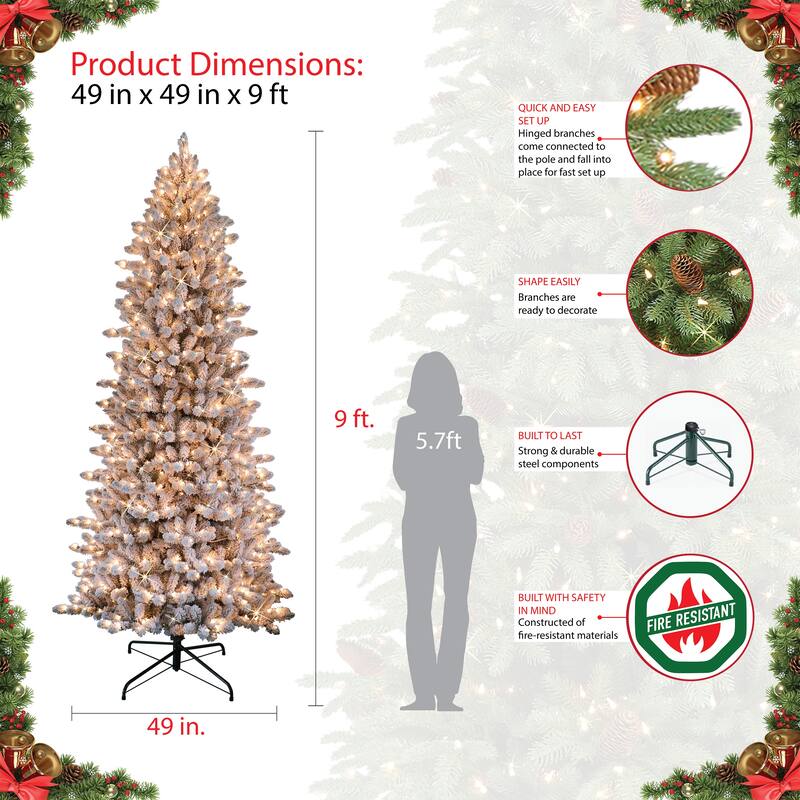 Puleo International 9' Pre-Lit Slim Flocked Fraser Fir Artificial Christmas Tree - 9
