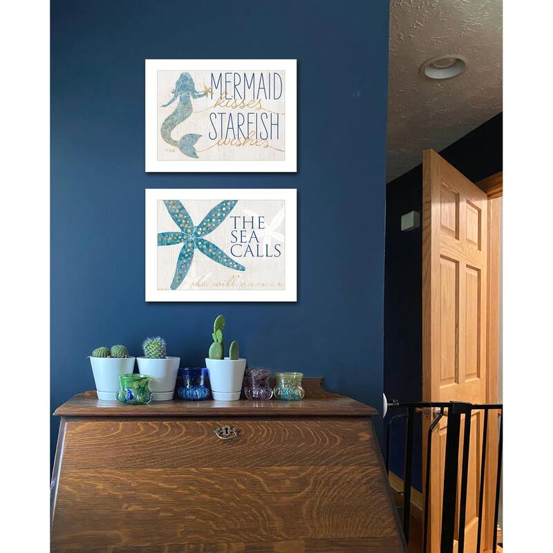 2-Piece Framed Wall Art Set - Mermaid Kisses Starfish Wishes, White Frame