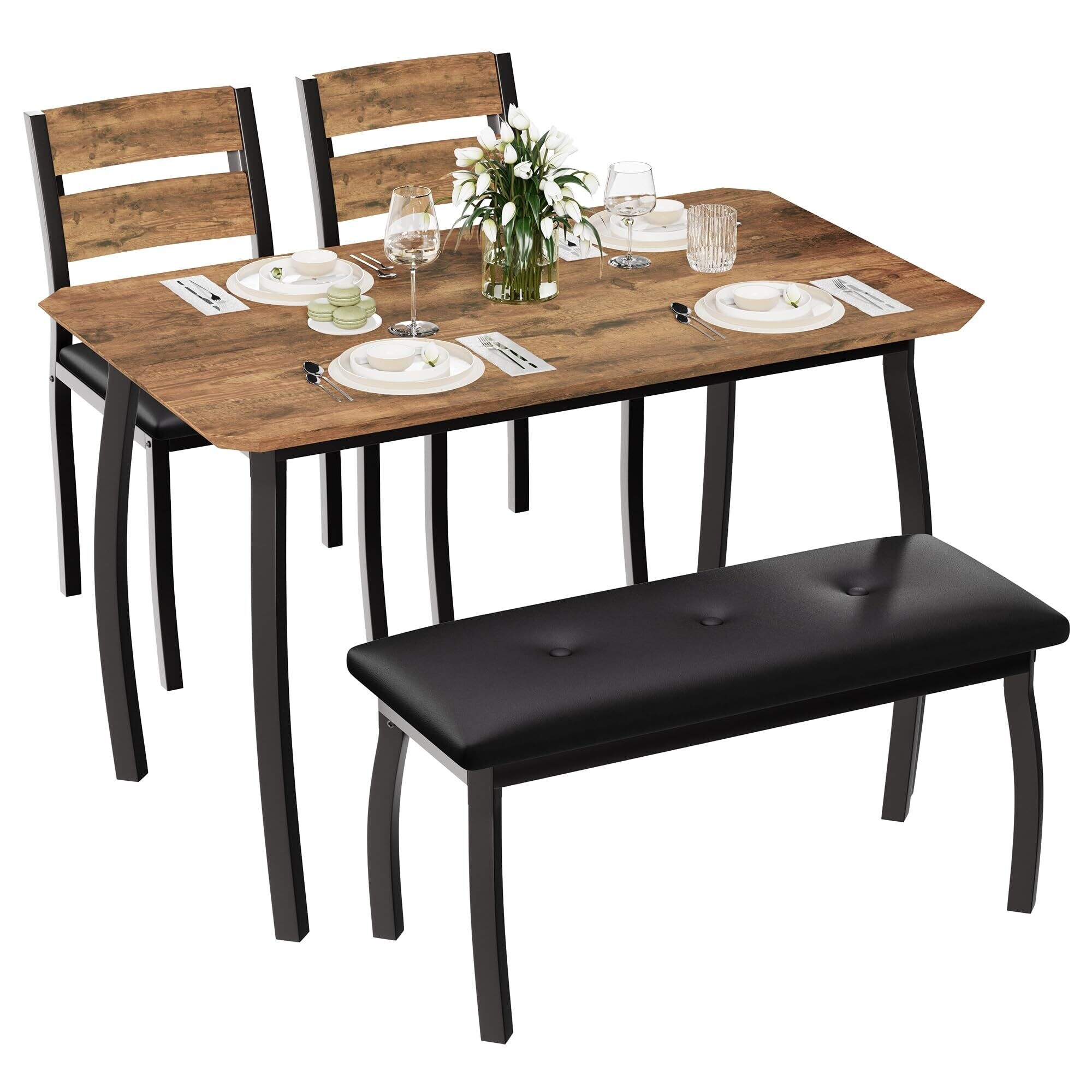 Modern Dining Table Set for 4, 4-Piece Kitchen Table with 1 Upholstered Benches