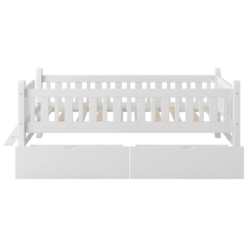 Wood Twin Size Platform Bed with Guardrail and 2 Drawers