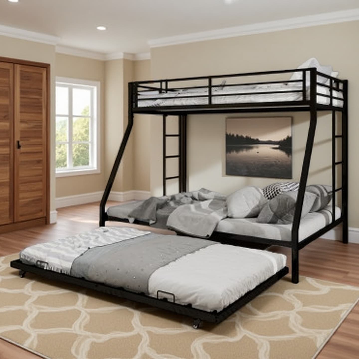 Queen Size Square Tube Metal Bunk Bed with Ladder and Rolling Trundle, Sturdy Load-Bearing Frame