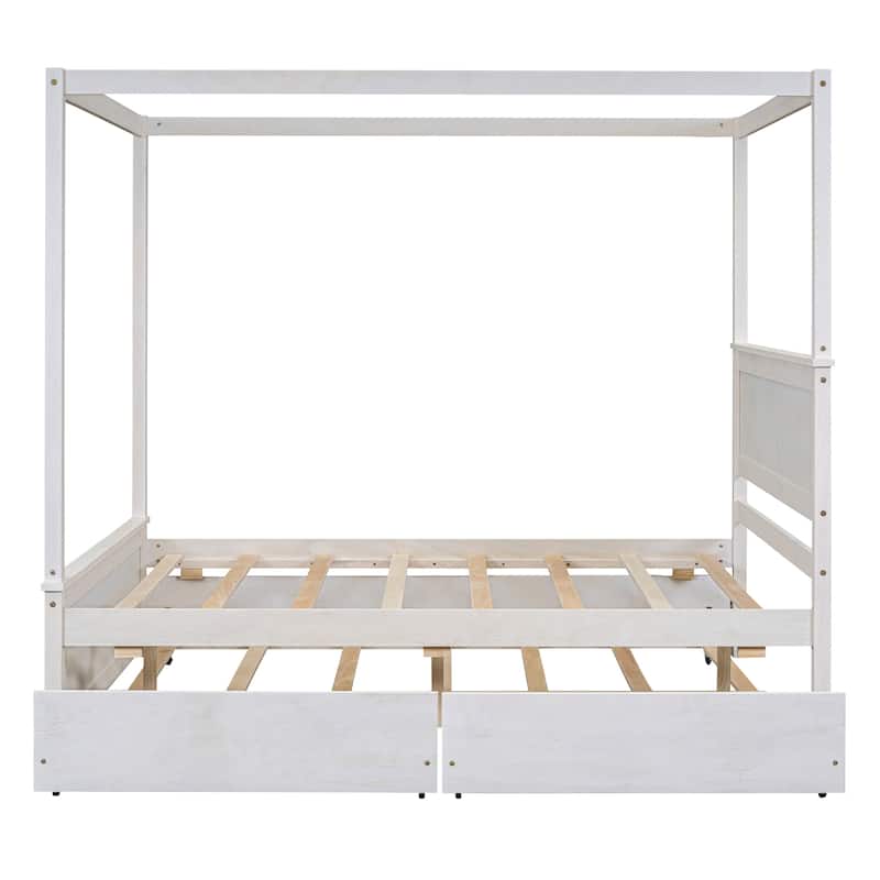 Pine Wood Canopy Platform Bed with Trundle & Drawers