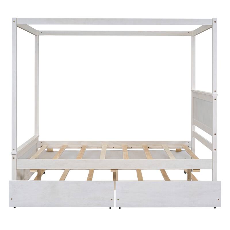Wood Canopy Bed with Trundle Bed and two Drawers ,Full Size Canopy Platform bed With Support Slats .No Box Spring Needed