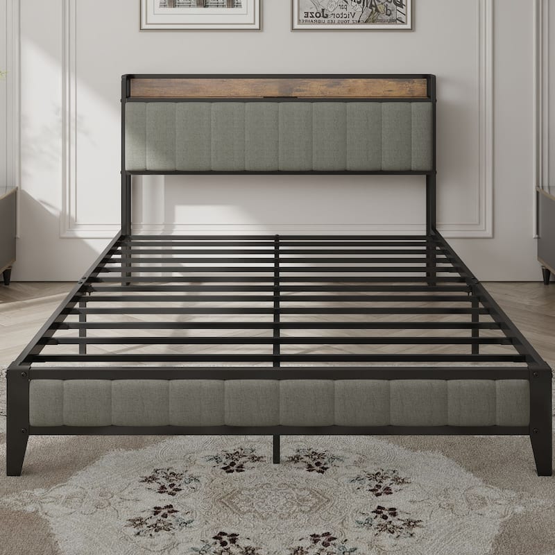 Linen Upholstered Platform Bed with Charging Station, Storage Shelf and Metal Frame Support for Bedroom, Guest Room