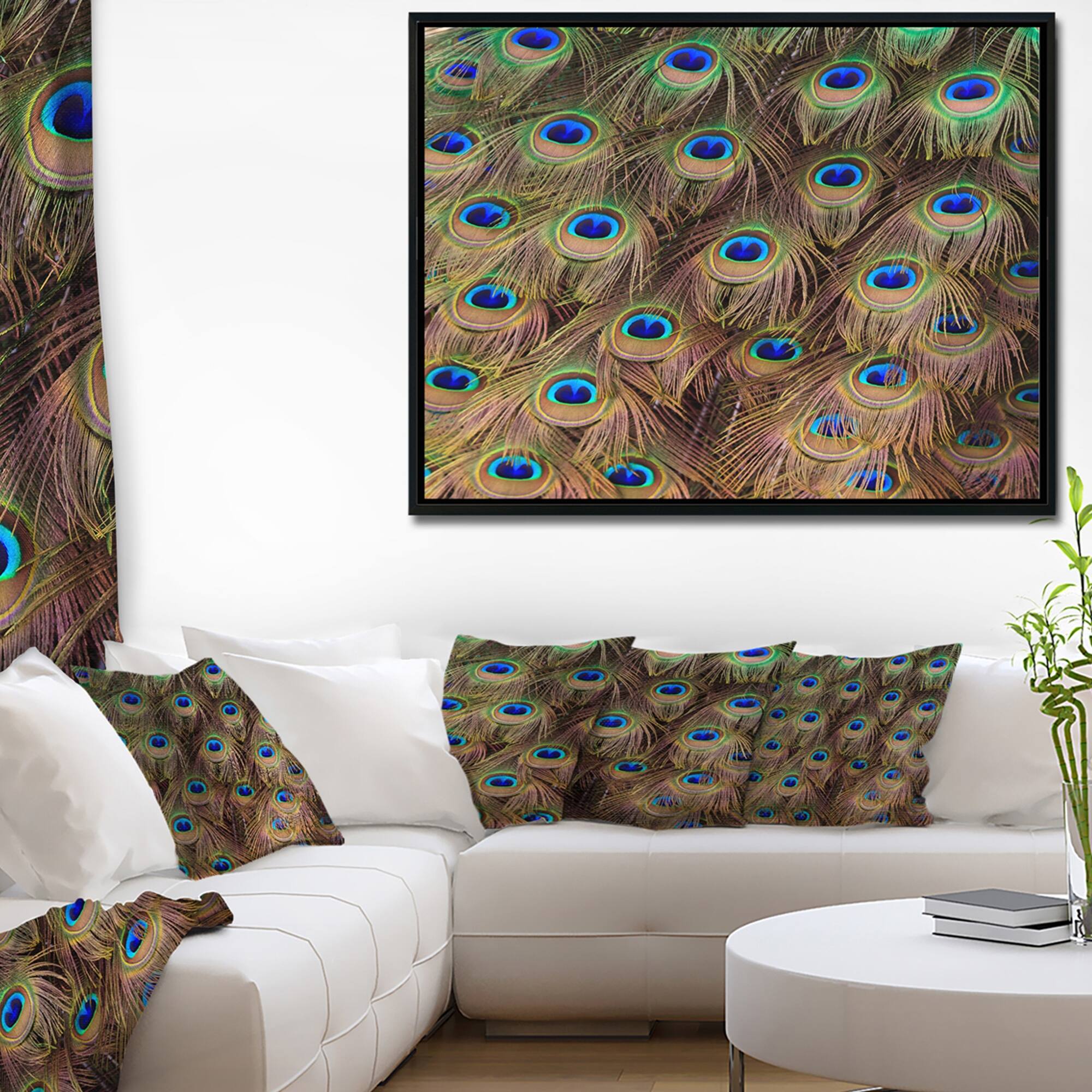 Designart "Peacock Bird Tail Feathers in Close Up" Animal Framed Canvas