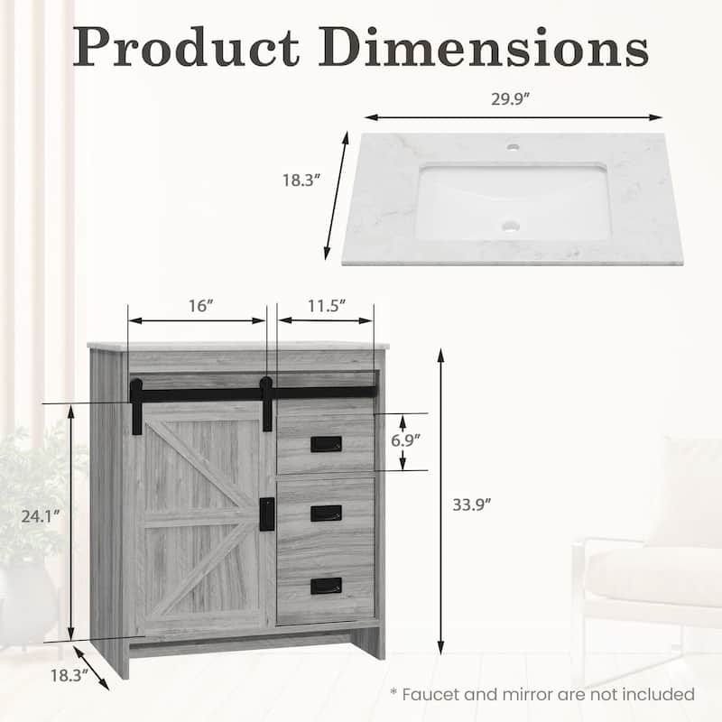 EROMMY Farmhouse Bathroom Vanity with Ceramic Top and Sliding Barn Door Sink Cabinet, Rustic Single Sink Vanity