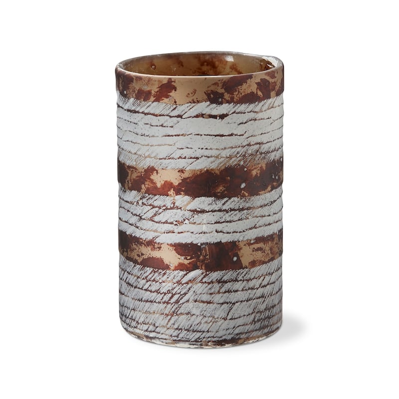Textured Cut Earth Tone Glass Hurricane Large Candle Holder 4.70L x 4.70W x 7.90K in.