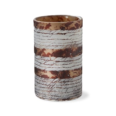 Textured Cut Earth Tone Glass Hurricane Large Candle Holder 4.70L x 4.70W x 7.90K in.