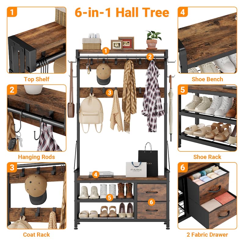 6-in-1 39.4"Hall Tree with Bench Entryway Shoe Rack w/24 Hooks & 2 Drawers