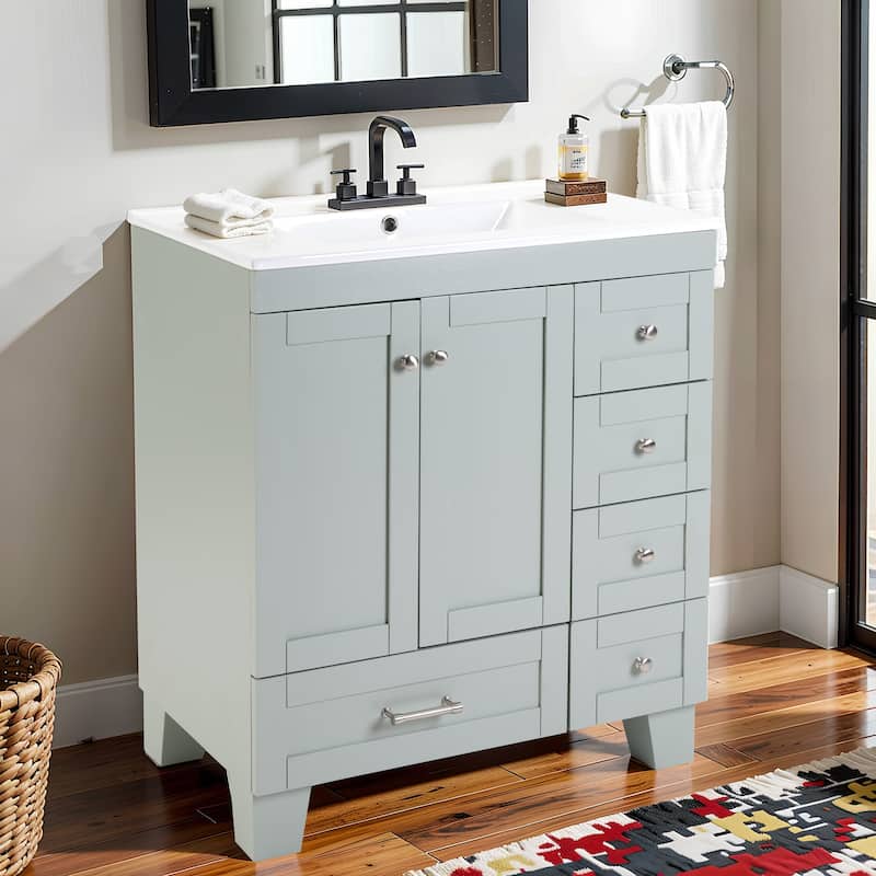 30" Blue Grey Bathroom Vanity with Ceramic Sink - Soft-Close Drawers, Solid Wood Frame, Multi-Organizer Storage