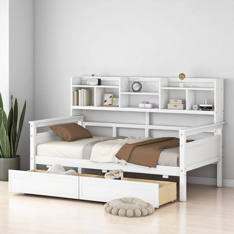 Wooden Twin/Full Daybed with 2 Storage Drawers and Bedside Shelves, No Box Spring Needed, Modern Design - White - Twin