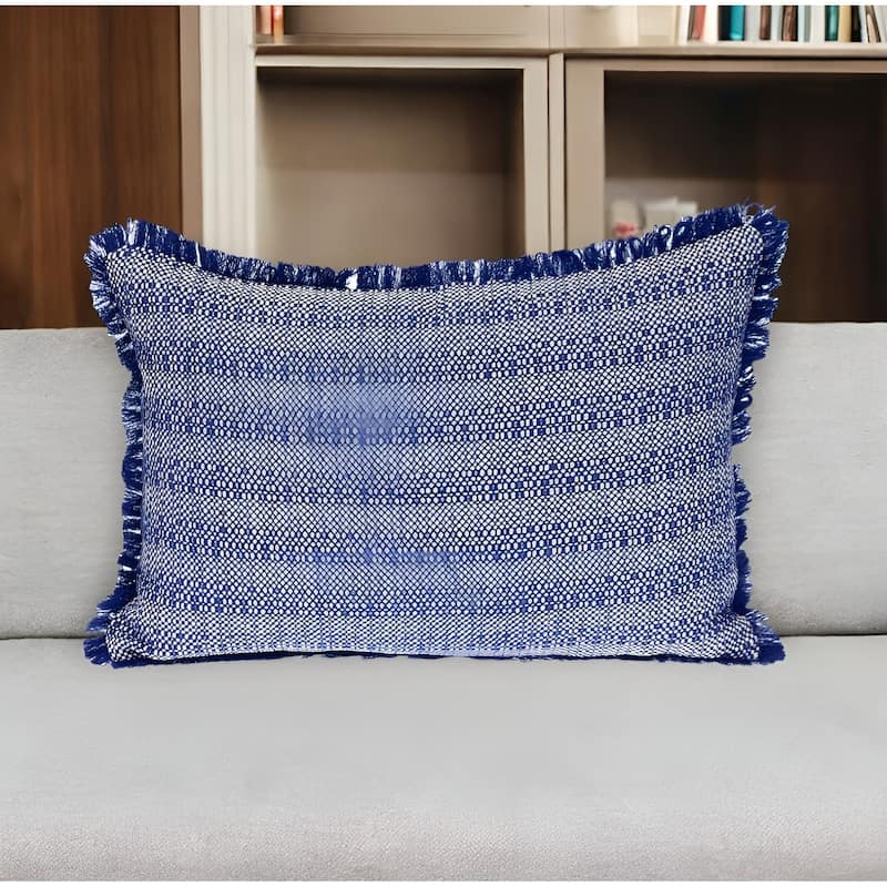 HomeRoots 14" X 20" Blue and White Striped Cotton Throw Pillow With Fringe - Bed Rest - Polyester
