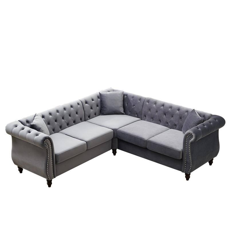 83.5 Inch Velvet Upholstered L-Shaped Sofa Sectional Couch with 3 Pillows