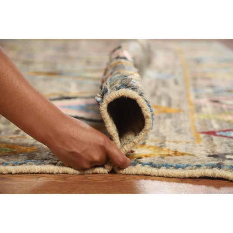 Multi-Color Geometric Moroccan Oriental Rug Hand-Knotted Wool Carpet - 7'0" x 9'7"