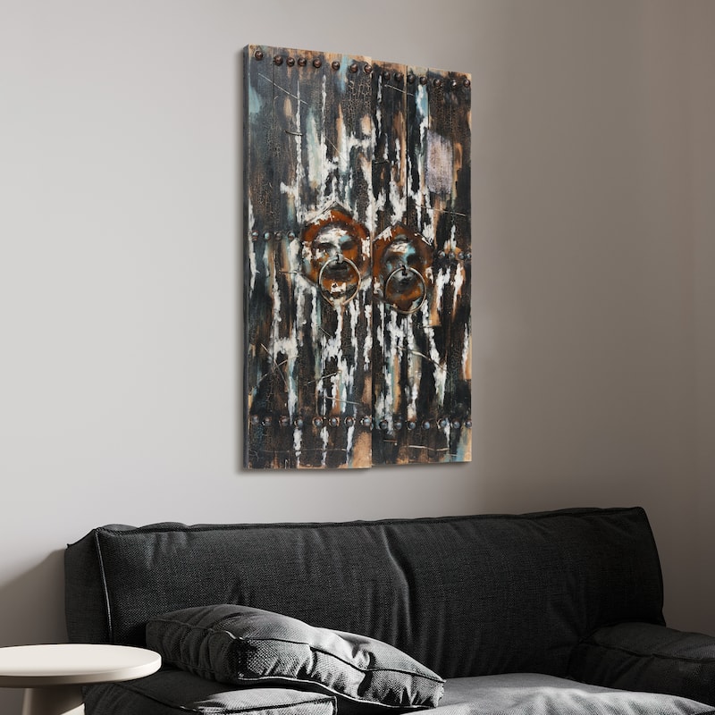 "Antique Wooden Doors 2" Metallic Handed Painted Rugged Wooden Blocks Wall Décor