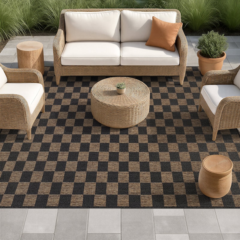 World Rug Gallery Checkered Indoor/Outdoor Flat Woven Area Rug - 7' 10" x 10' - Dark Gray