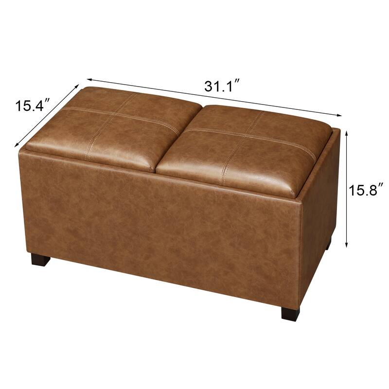 Adeco Rectangle Faux Leather Storage Ottoman with Dual Flip-Top Trays - 31.1"X15.4"X15.7