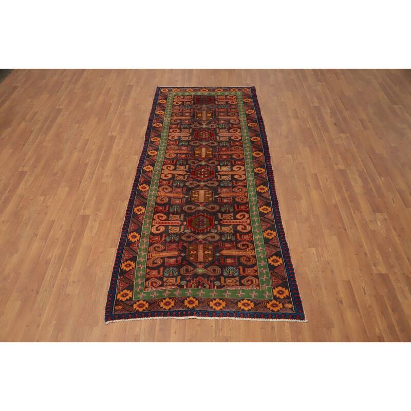 Hand Knotted Oriental 100% Wool Carpet Traditional Geometric Navy Blue & Blues Ardebil Runner Rug - 8' 9'' X 3' 9''