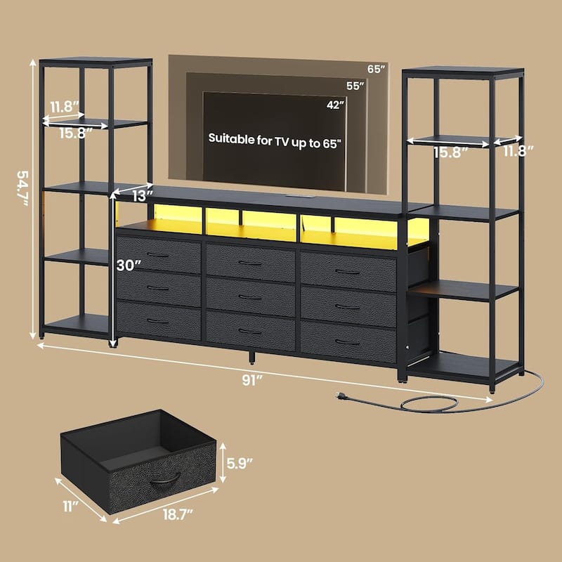 TV Stand Dresser with Bookcase TV Console Table Entertainment Center LED