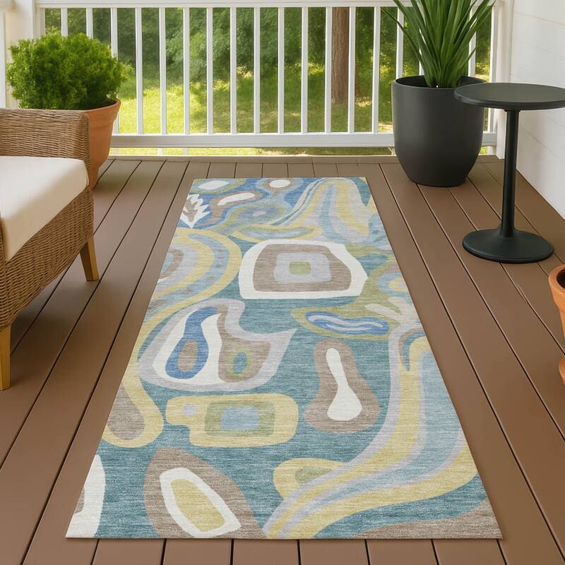 Machine Washable Indoor/ Outdoor Modern Picasy Chantille Rug - Teal - 2'3" x 7'6"