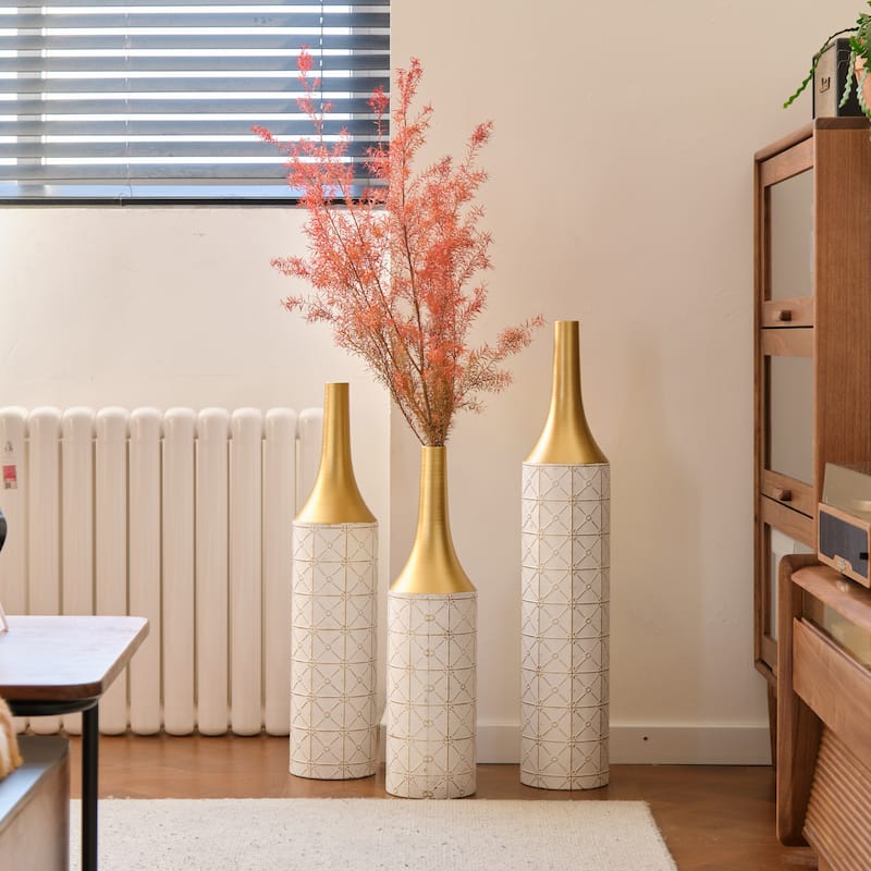Metal Vases Set of 3, Floor Decorative Vase Glazed Metal Vases, Cylinder Vase - White+Gold