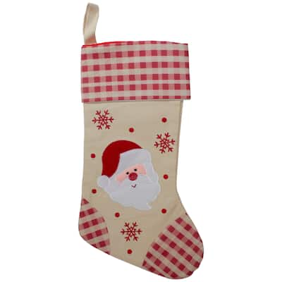16.5" Red Ivory Embroidered Santa Claus Stocking Gingham Cuff