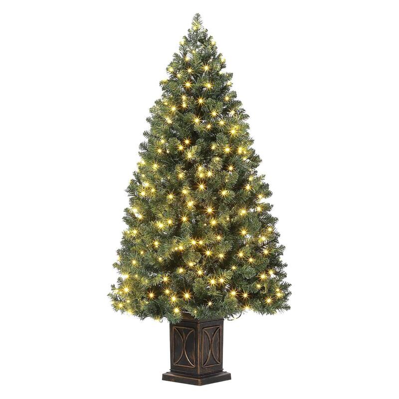 4.5 Ft Artificial Christmas Tree with 200 Warm White LED Lights and Red Berries Potted Base Holiday Xmas Tree - 6#