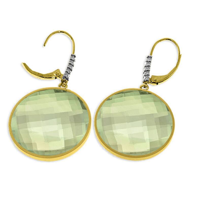 14K Solid Gold Diamonds Earrings w/ Checkerboard Cut Green Amethysts