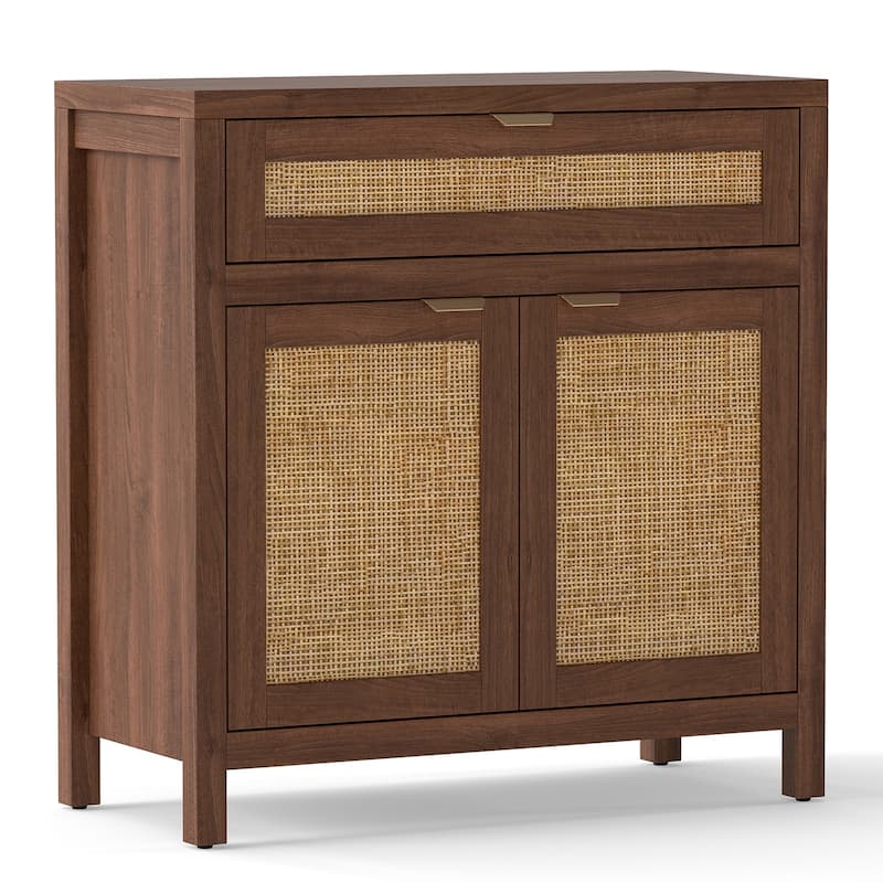 Brown-Natural Engineered Wood and Rattan Sideboard Cabinet with Drawer - 31" x 14.5" x 32" - Brown-Natural
