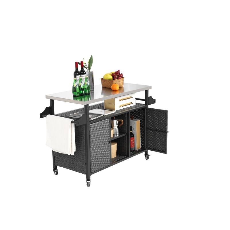 Large bar cart,Outdoor Kitchen Wicker Island Rolling Cart & Storage Cabinet, Wheels and Stainless Steel Extended Table Top